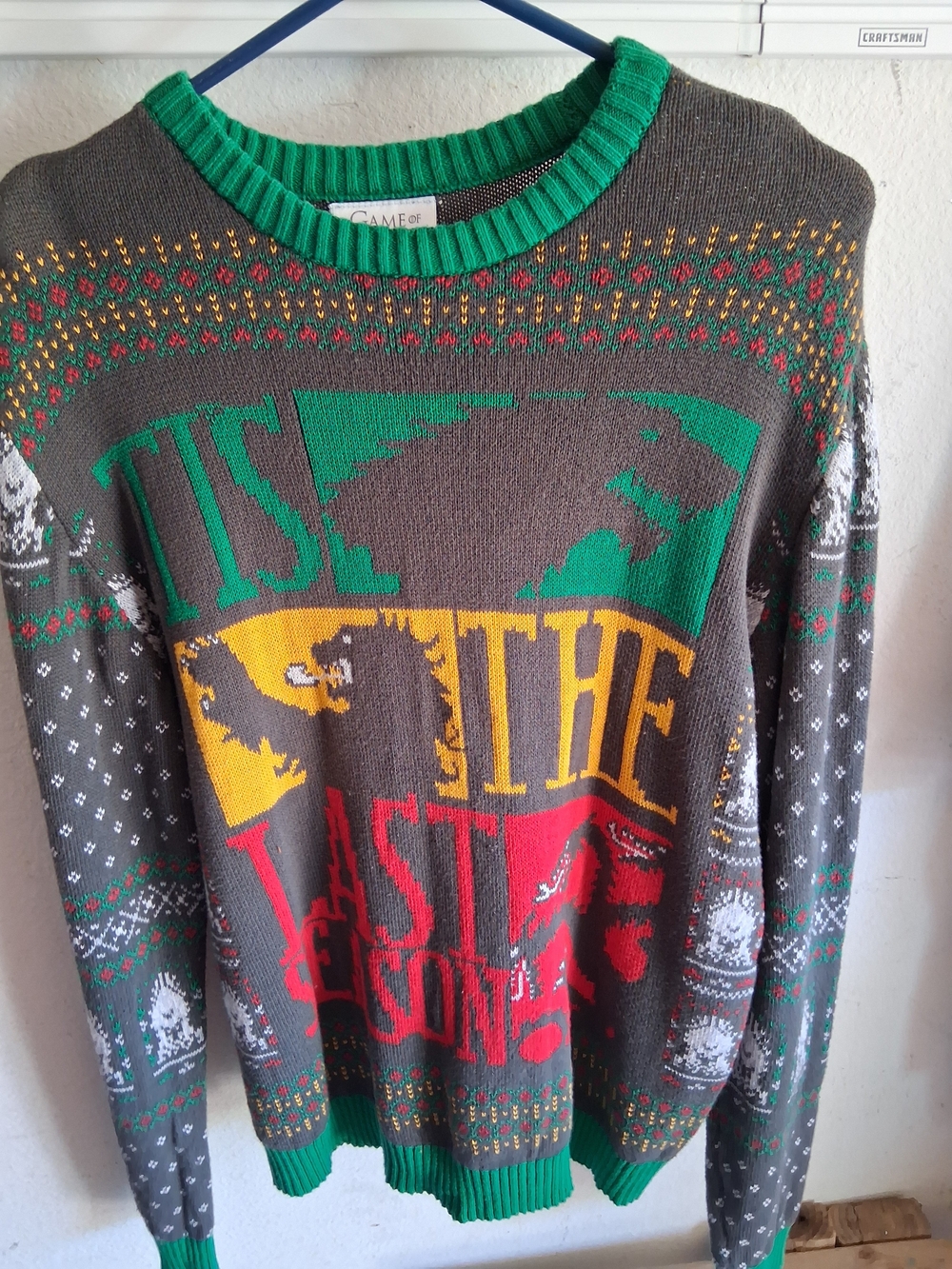 Game of Thrones Gray Knit Sweater with Green, Yellow & Red Accents